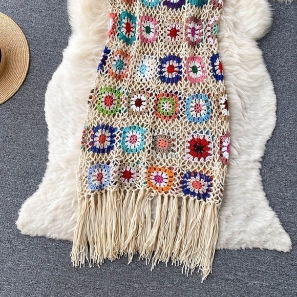 Boho Hawaiian Polynesian Multicolor Crochet Fringe Dress - Picture 4 of 6